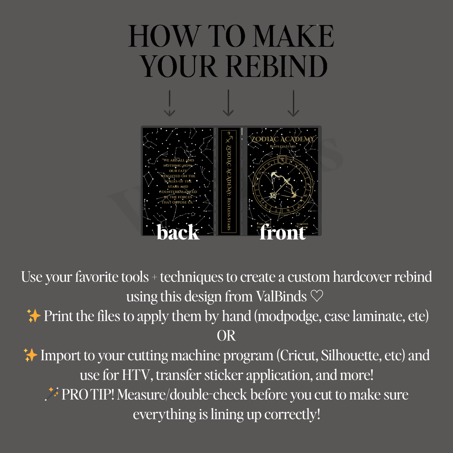 Zodiac Academy Bookbinding Book Cover PNG – Restless Stars Front, Back & Spine Design | Printable Transparent Files for DIY Rebind