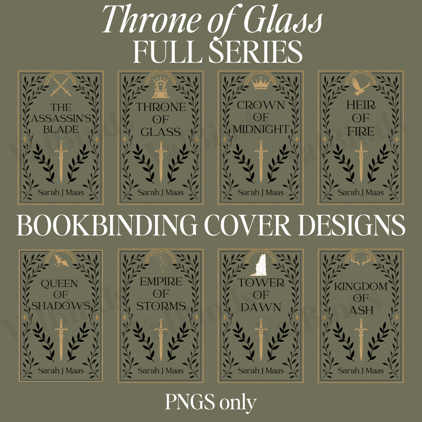 Throne of Glass FULL SERIES Bookbinding Book Cover PNGS – Front, Back & Spine Design | Printable Transparent Files for DIY Rebind